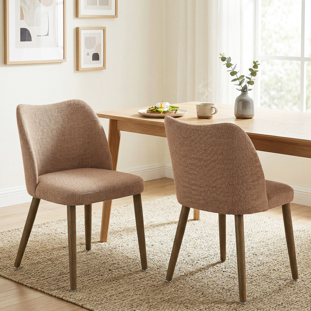 Dining Chairs Set of 2, Linen Upholstered Kitchen Chairs with Padded Seat, Curved Backrest, Rubberwood Legs