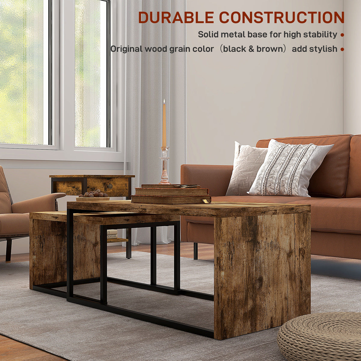 Nesting Coffee Table Set of 2, Industrial Stacking Side End Tables with Metal Frame for Living Room, Bedroom, Rustic Brown