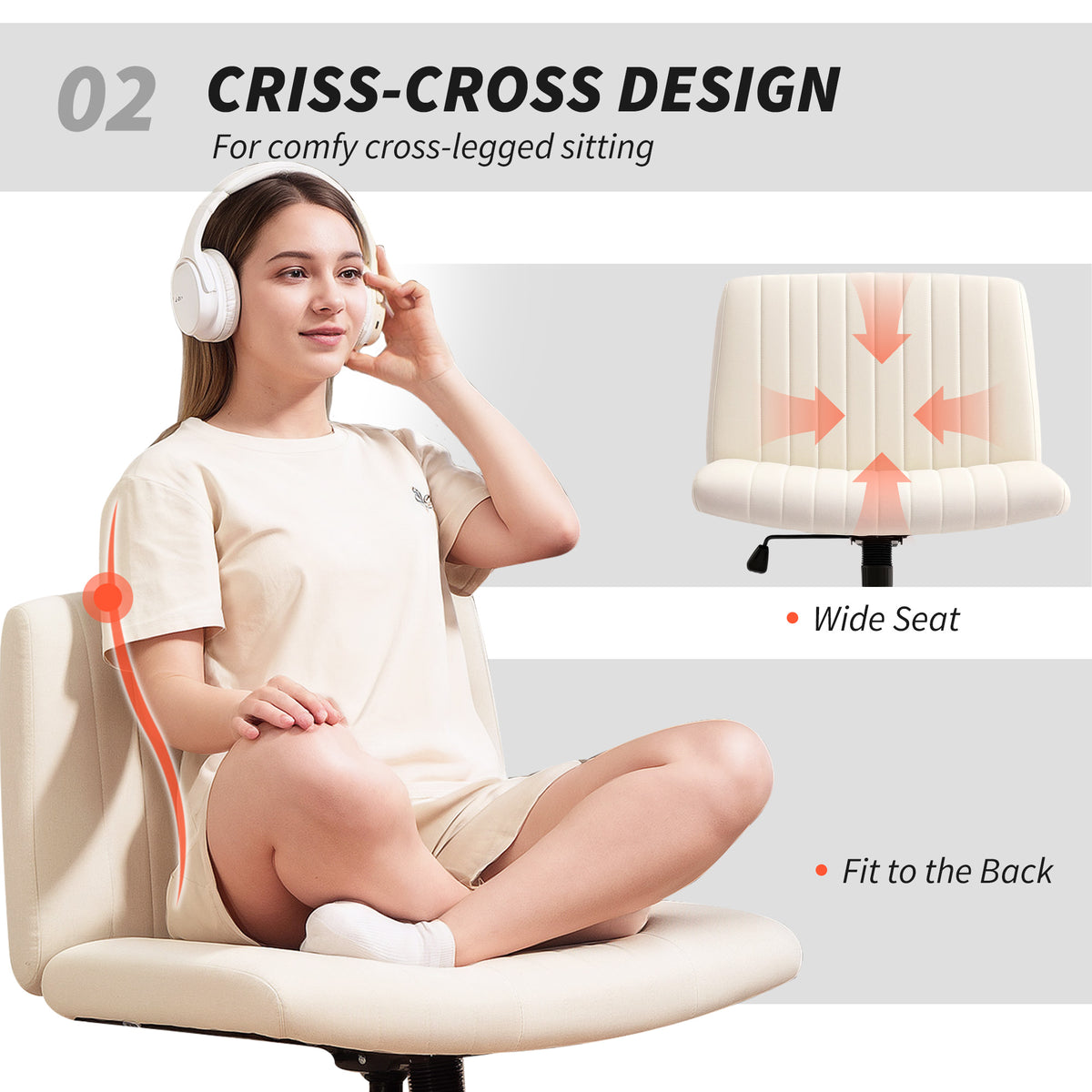 Armless Office Chair No Wheels, Linen Fabric Criss Cross Legged Desk Chair with Wide Seat, Thick Padding, Tilt Function, Height Adjustable Swivel Computer Seat for Home, Cream