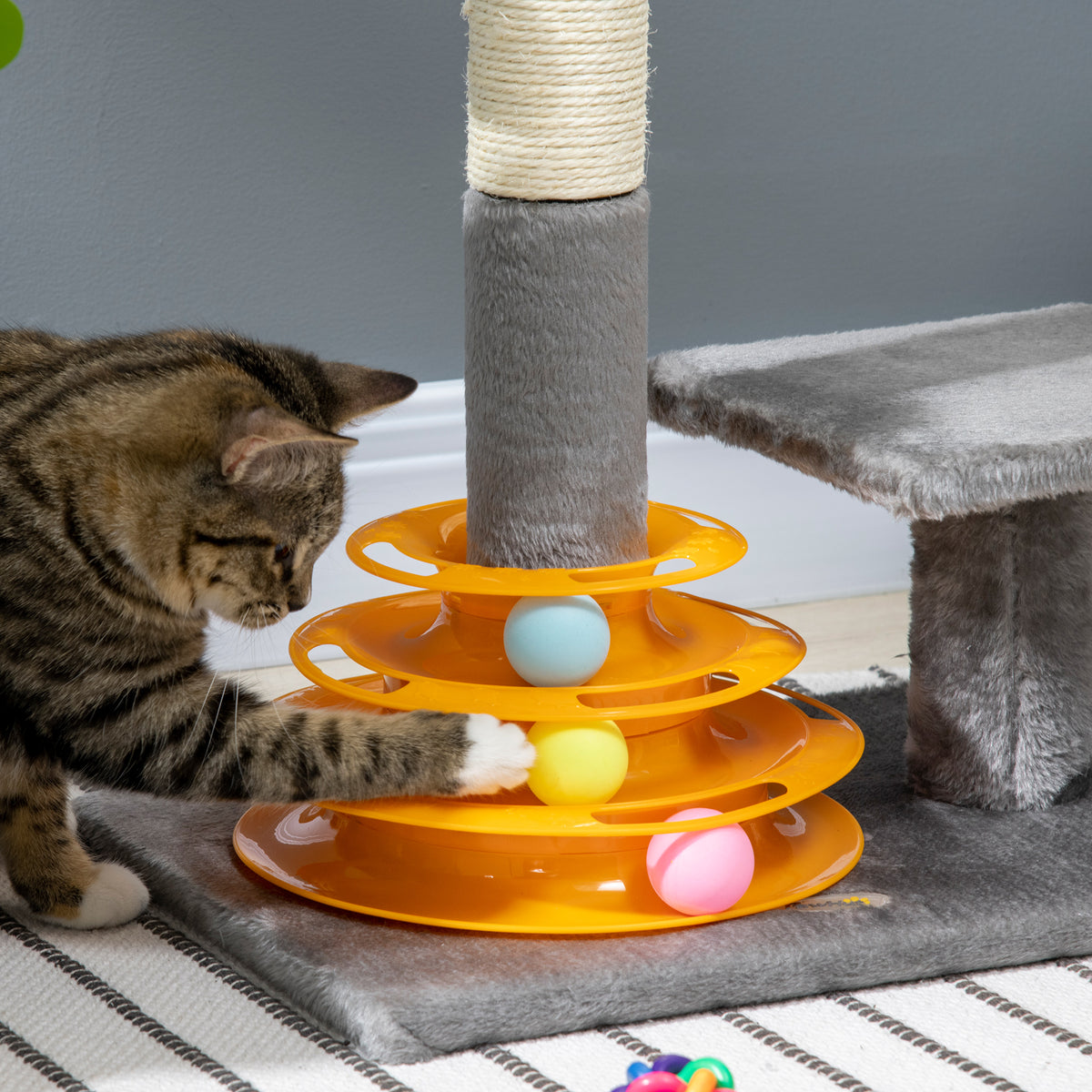 56cm Cat Tree Tower Activity Centre, Climbing Stand Kitten House Furniture w/ Scratching Posts, Toy Ball - Grey