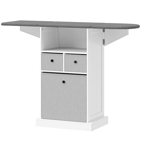 Ironing Board Cabinet on Wheels with Ironable and Foldable Top, Mobile Storage Cabinet with Ironing Board, White