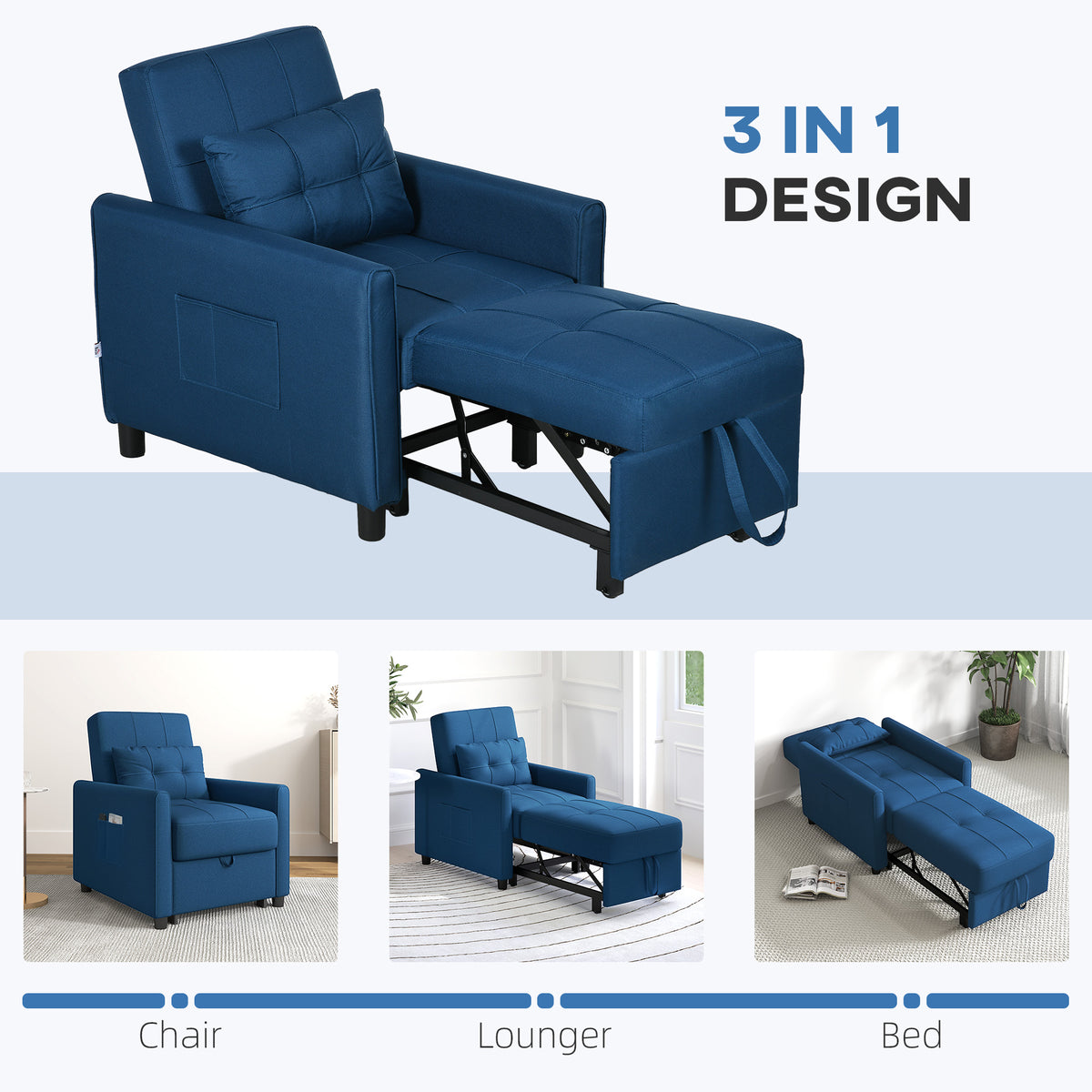 Linen-Look Single Chair Bed with Thick Padding - Blue