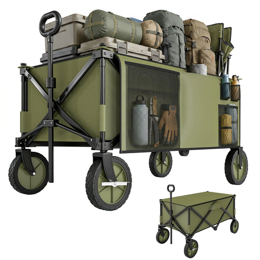 125L Festival Trolley on Wheels, Folding Wagon Camping Trolley Cart with Removable Cover, Side Pockets, Adjustable Handle, Portable Wagon Cart for Outdoor Garden Shopping Picnic, Green