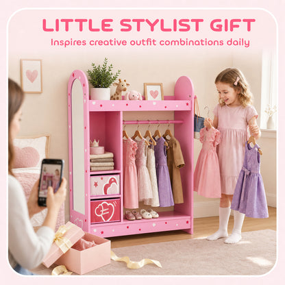 Kids Clothes Rail, Kids Wardrobe with Mirror, Shelves, Fabric Storage and Hooks for Bedroom, Nursery, Pink