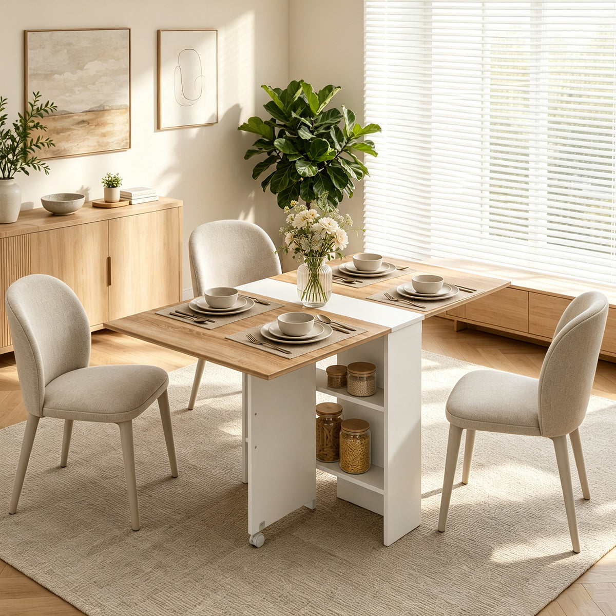 Folding Dining Table, Drop Leaf Table with 2-Tier Shelves, Rolling Casters, White and Natural