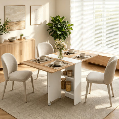 Folding Dining Table, Drop Leaf Table with 2-Tier Shelves, Rolling Casters, White and Natural