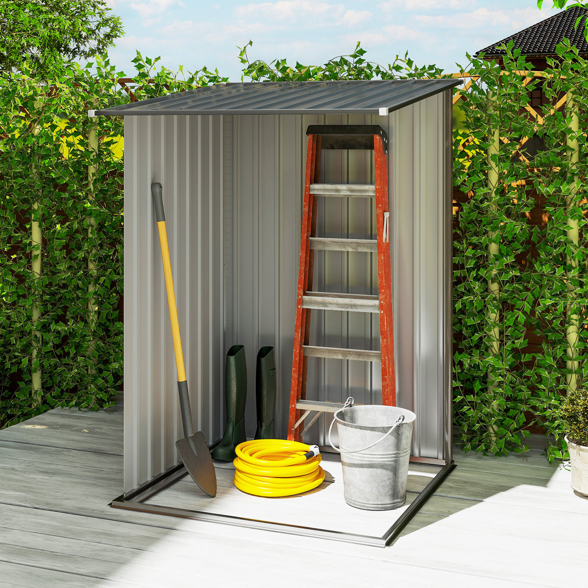 3.3 x 3.4ft Lean To Steel Garden Shed, with Locking Door - Brown
