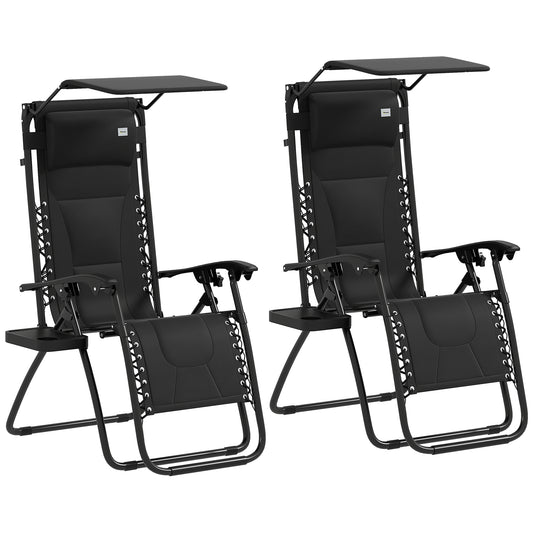 Zero Gravity Lounger Chair Set of 2, Folding Reclining Patio Chair with Shade Cover, Padded Seat, Cup Holder, Soft Cushion and Headrest for Poolside, Camping, Black