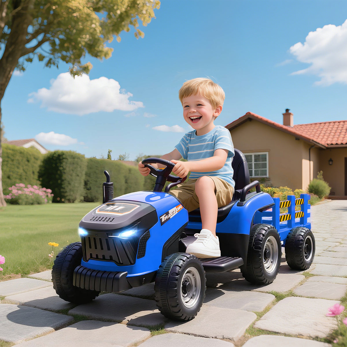 12V Ride on Tractor and Trailer with Remote Control, Music, Shifter, Start-Up Sound, for Kids Ages 3-8 Years