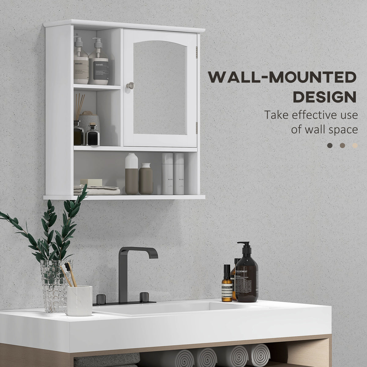 Bathroom Cabinet, Wall Mount Storage Organizer with Mirror, Adjustable Shelf for Bathroom, Kitchen, Bedroom, White