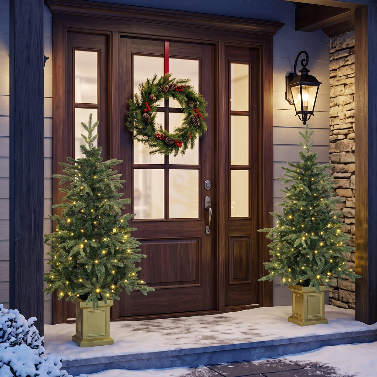 Set of 2 Prelit Christmas Trees with Dual-Colour LEDs, Remote, 4ft Artificial Aspen Fir Battery-Operated, 11 Modes, Pot