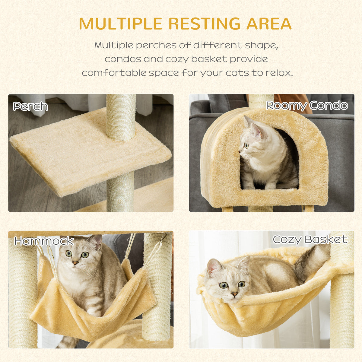 Cat Tree Tower for Indoor Cats Kitten Activity Centre Scratching Post w/ Hammock House Basket Ladder - Beige