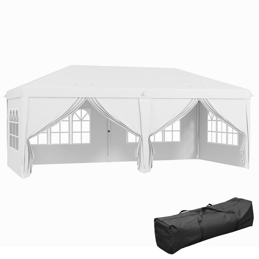3 x 6 m Garden Pop Up Gazebo, Wedding Party Tent Marquee, Water Resistant Awning Canopy with Sidewalls, Windows, Carry Bag, White
