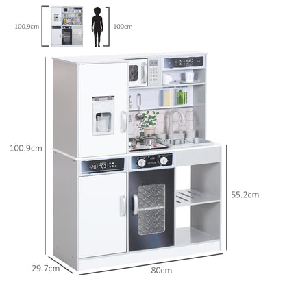 Pretend Play Toy Kitchen, Kids Kitchen Playset w/ Sounds, Lights, Running Water, Coffee Maker, Refrigerator