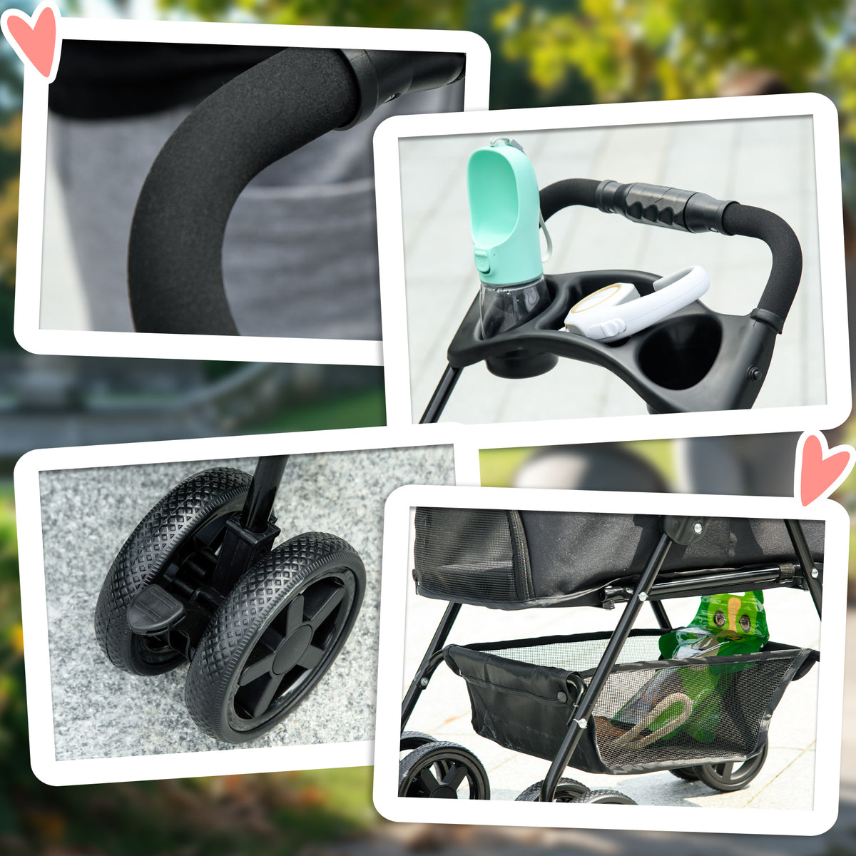 Dog Pram Dog Stroller Foldable Pet Pushchair with 4 Wheels, Safety Leashes, Cup Holder for Small Dogs