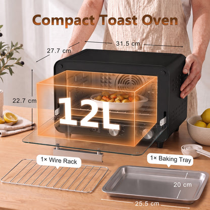 Small Toaster Oven, 12L Multifunction Mini Countertop Oven with Glass Door, Adjustable Temperature and Timer