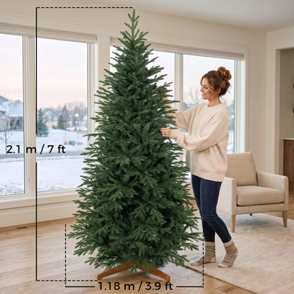 7ft Artificial Christmas Tree Full Hinged Xmas Tree Solid Pine Wood Stand, Green