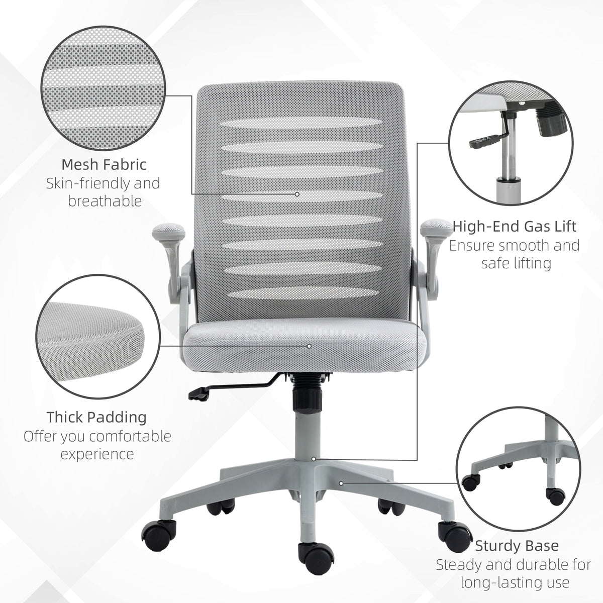 44-53.5cm Adjustable Height Work Chair, with Mesh Back - Grey