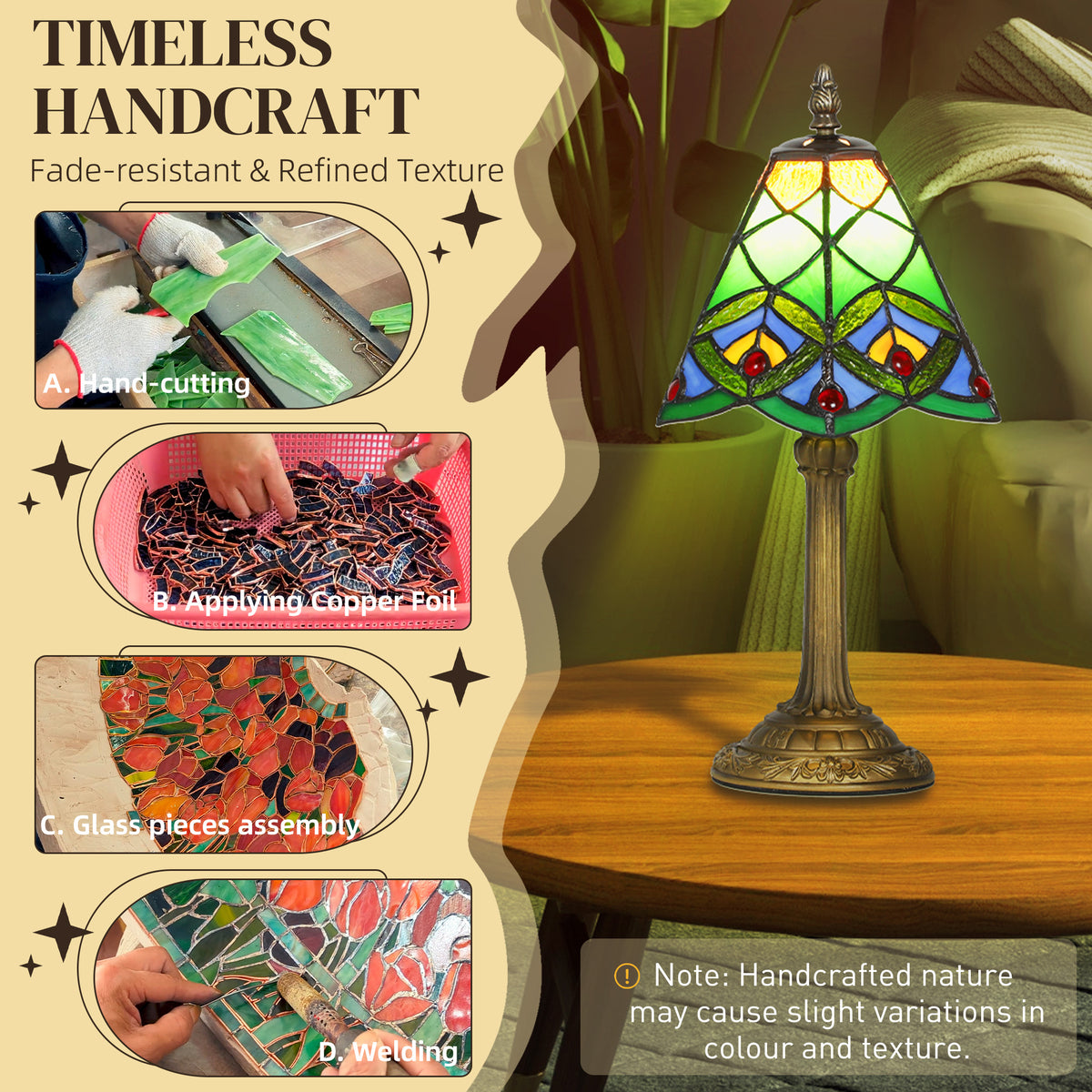 Tiffany-Style Table Lamp with Geometric Patterns, Handcrafted Antique Stained Glass Bedside Lamp for Living Room and Bedroom, E27 Socket, Green