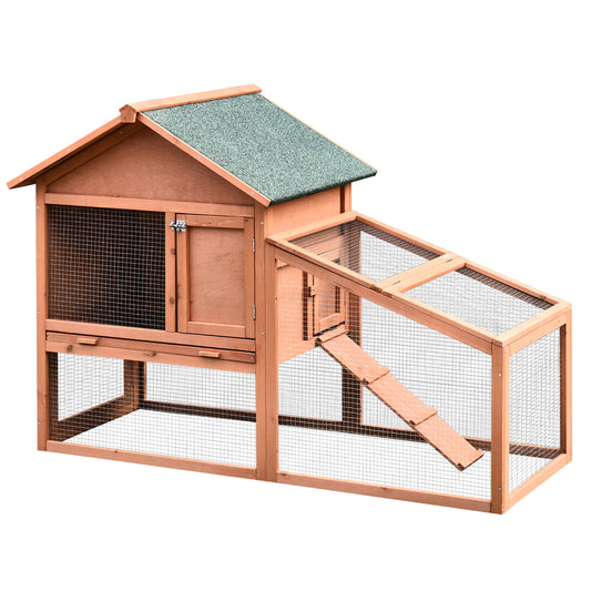 2-Tier Outdoor Rabbit Hutch with Large Run, Ramp & Slide-Out Tray, Fir Wood, 144 x 64.5 x 100 cm, Orange