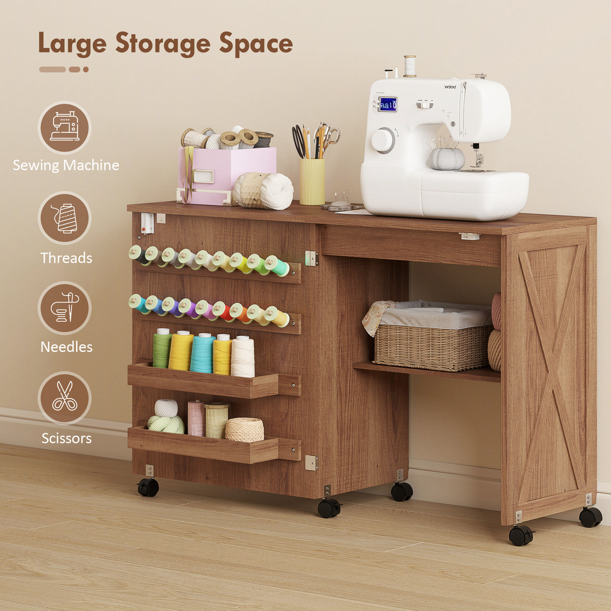 Folding Sewing Table, Rolling Craft Table with Storage compartments, Shelf and Lockable Casters for Small Spaces