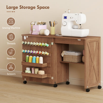 Folding Sewing Table, Rolling Craft Table with Storage compartments, Shelf and Lockable Casters for Small Spaces