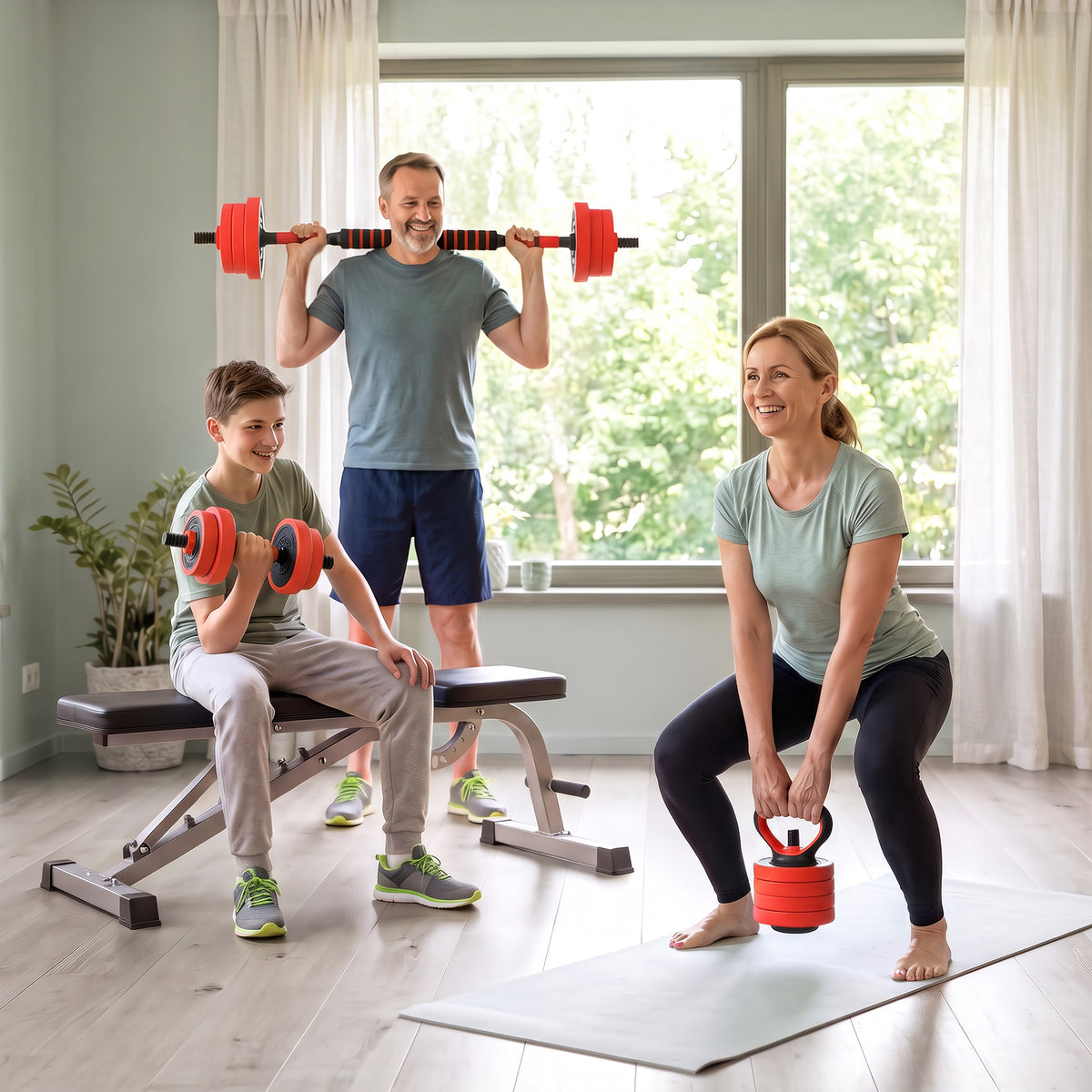 20kg 6-In-One Adjustable Weight Dumbbells Set, Barbell, Kettlebell, Push Up Stand - Red