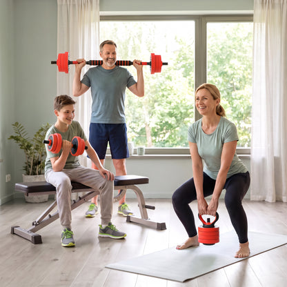 20kg 6-In-One Adjustable Weight Dumbbells Set, Barbell, Kettlebell, Push Up Stand - Red