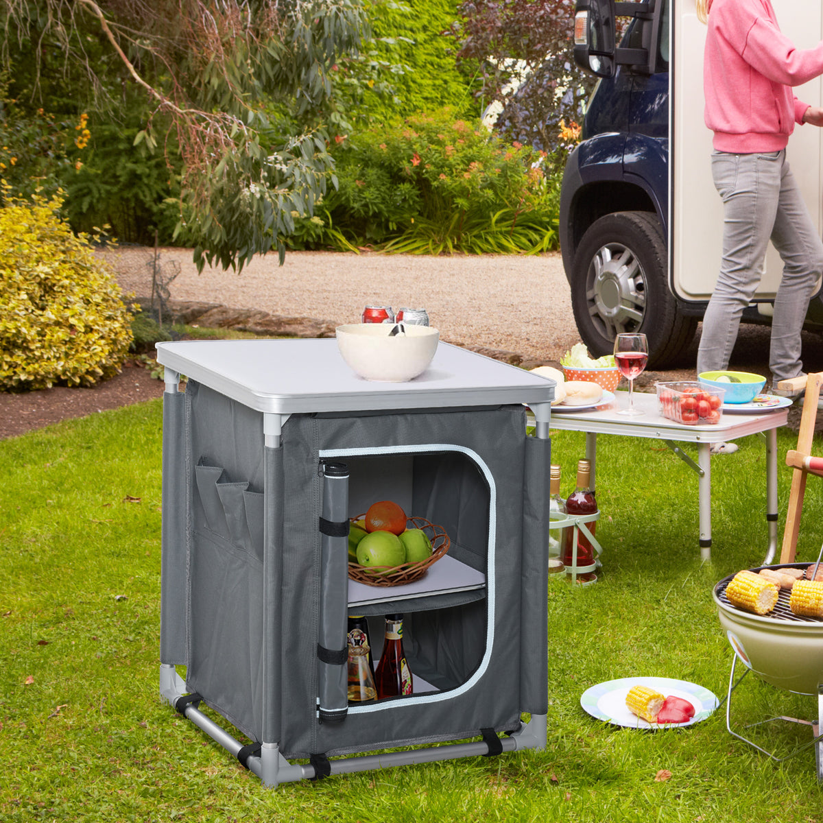 2-Shelf Camping Cupboard Camping Kitchen Station Cook Table Aluminum, Storage Organiser for BBQ Party Picnics Backyards with Carrying Bag