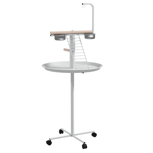 Bird Stand with Four Wheels, Perches, Stainless Steel Feed Bowls, Round Tray, for Garden, Indoor, Outdoor - White