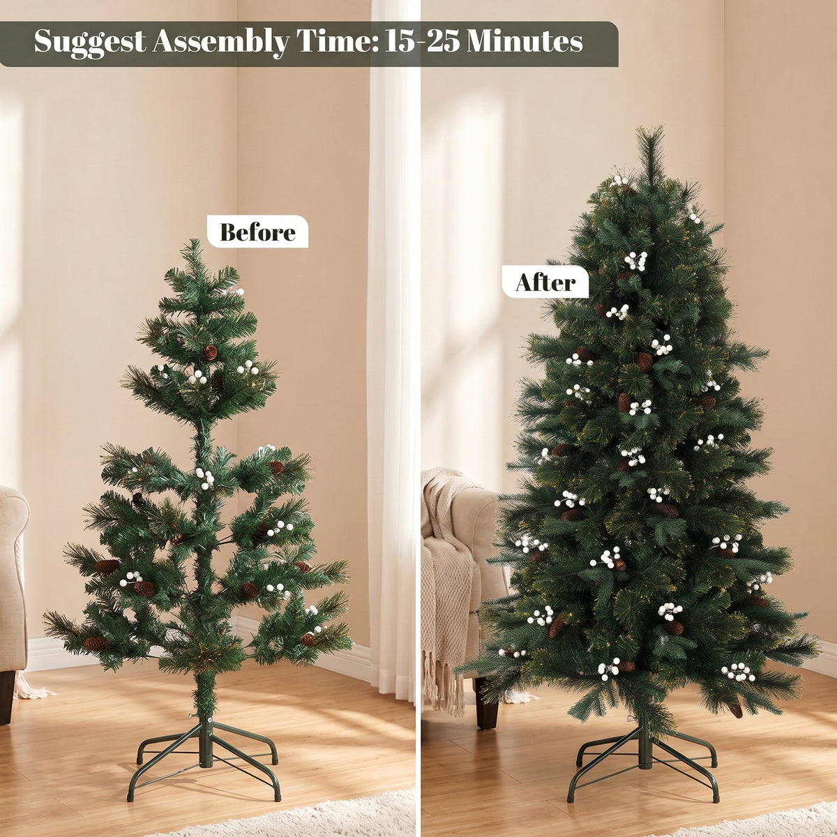 5ft Artificial Christmas Tree, Fir Hinged Xmas Tree with 490 Branch Tips, Foldable Metal Stand, Easy Assembly, Green