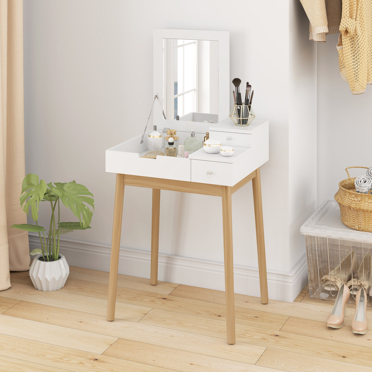 Dressing Table with Flip-up Mirror, Makeup Desk with 2 Drawers and Pine Wood Legs, Vanity Table Writing Desk for Bedroom Living Room