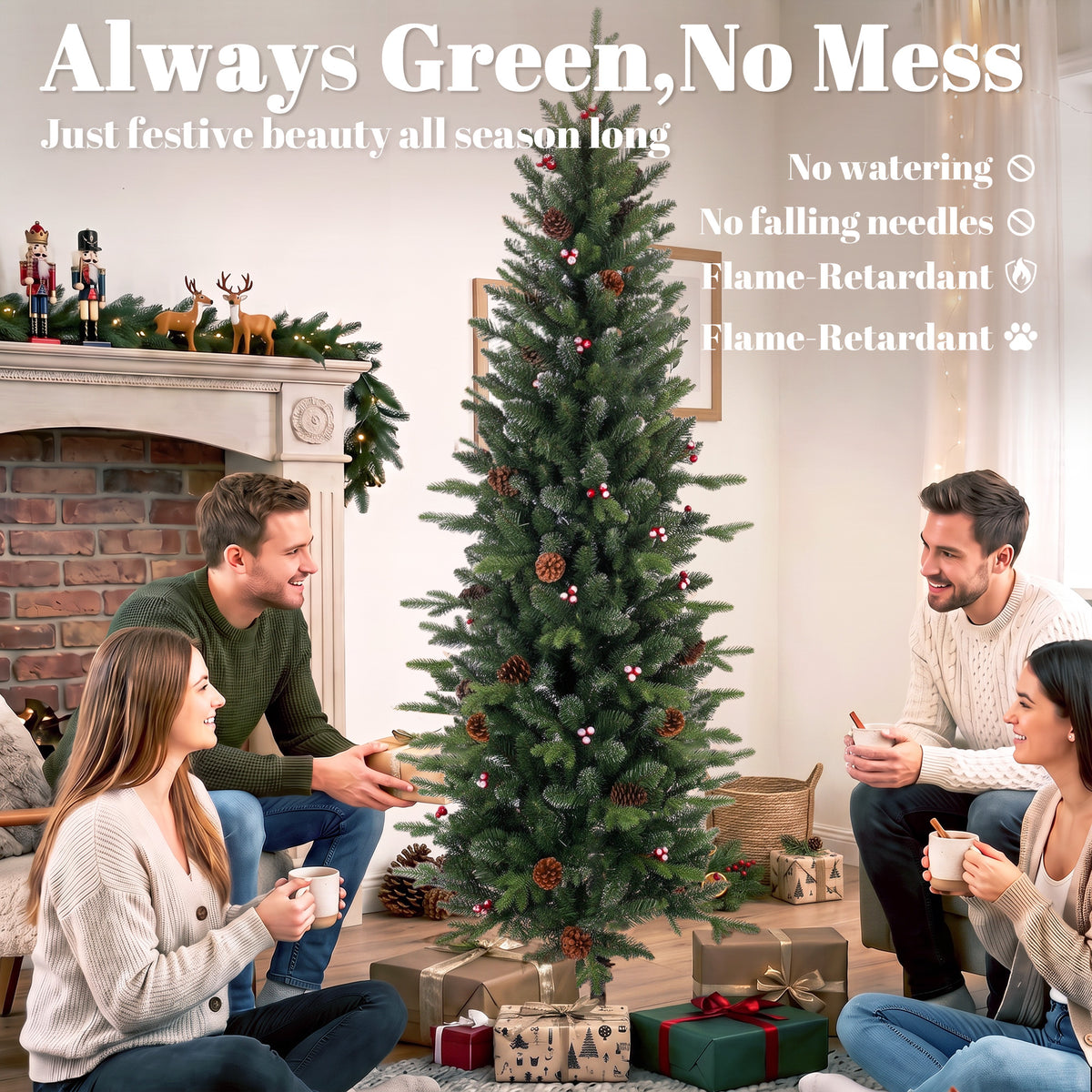 Slim Gracious Pine Xmas Tree, 7ft/210cm Artificial Christmas Tree with 904 Branch Tips, Foldable Steel Stand, Green