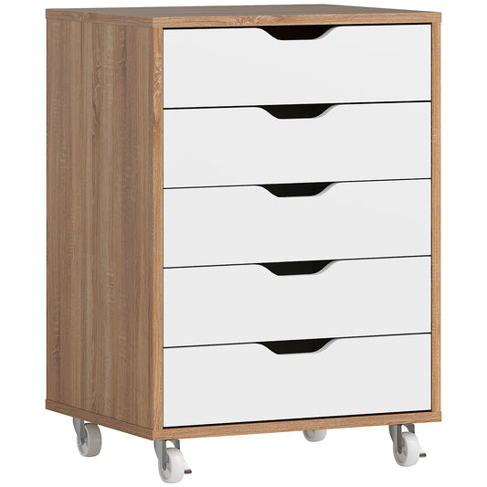 Five-Drawer Filing Cabinet, with Wheels - Oak Brown