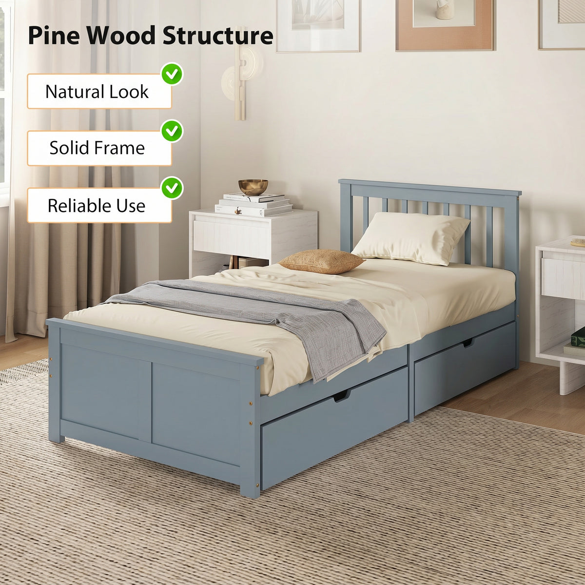 Pine Storage Bed, 3ft Single Solid Wooden Bed Frame with Drawers, Headboard, Wood Slat Support