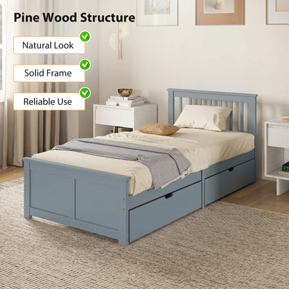 Pine Storage Bed, 3ft Single Solid Wooden Bed Frame with Drawers, Headboard, Wood Slat Support