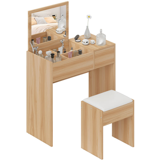 Dressing Table with Flip-Up Mirror and Cushioned Stool, Makeup Vanity Desk with Hidden Compartments and Storage Drawer, Convertible Writing Table for Bedroom