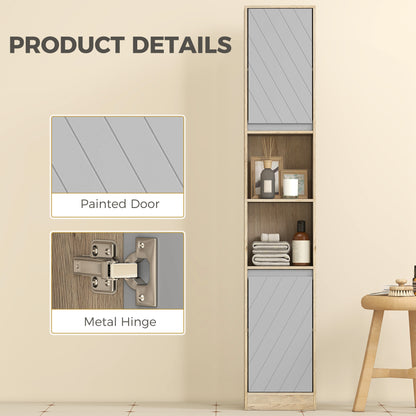 Narrow Bathroom Cabinet, Slim Bathroom Storage Unit with Open Compartment, Freestanding Storage Cupboard with Adjustable Shelves for Small Spaces, 30 x 24 x 170 cm