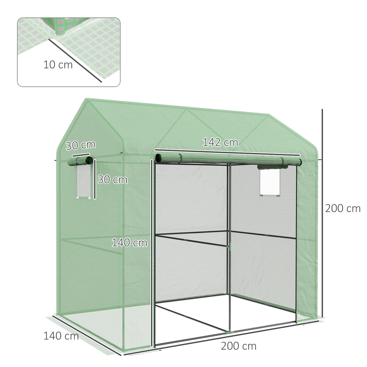Greenhouse, Walk-in Garden Grow House with Roll-up Door and Mesh Windows, 200 x 140 x 200cm