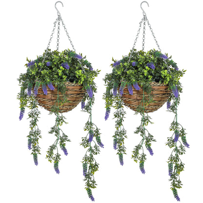 Set of 2 Decorative Artificial Plants, Faux Silk Lavender Flowers in Hanging Baskets, Fake Plants for Home Indoor Outdoor Decor, Purple
