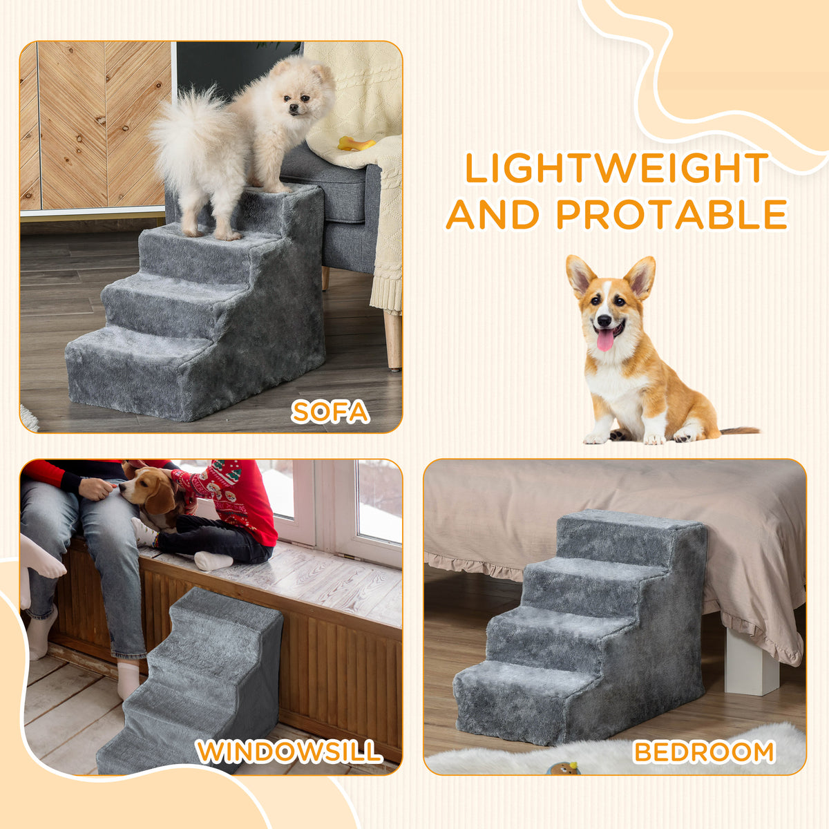 Four-Step Dog Stairs, with Washable Plush Cover, for High Bed Sofa, Dog Stairs for Small Dog and Cat - Light Grey