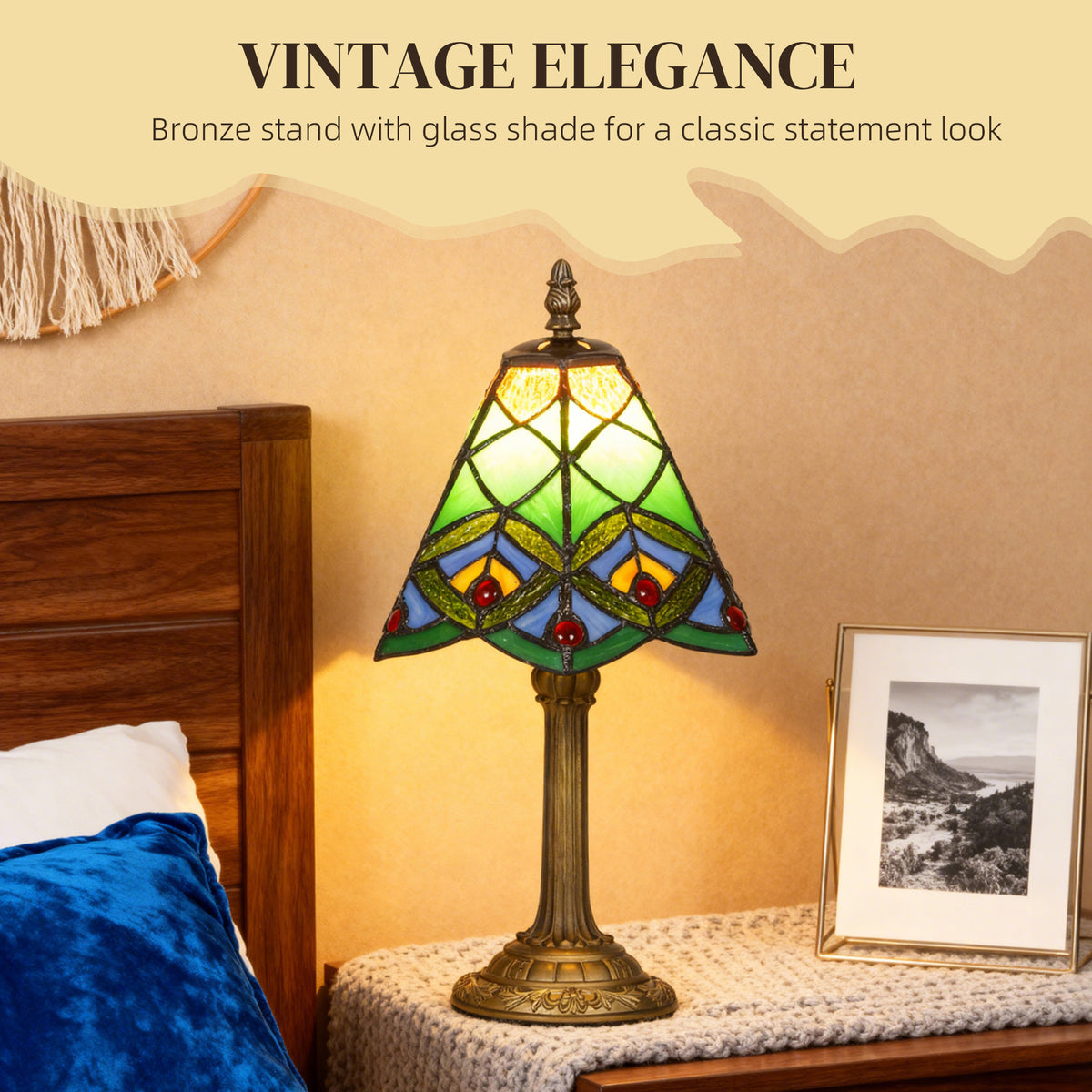 Tiffany-Style Table Lamp with Geometric Patterns, Handcrafted Antique Stained Glass Bedside Lamp for Living Room and Bedroom, E27 Socket, Green