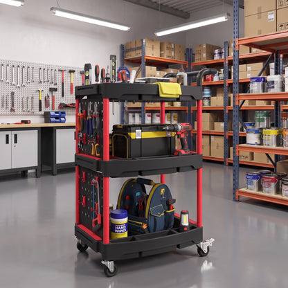 3-Tier Rolling Tool Cart with Pegboard and Hooks, Storage Trolley Wheel Cart with Brakes, Black & Red