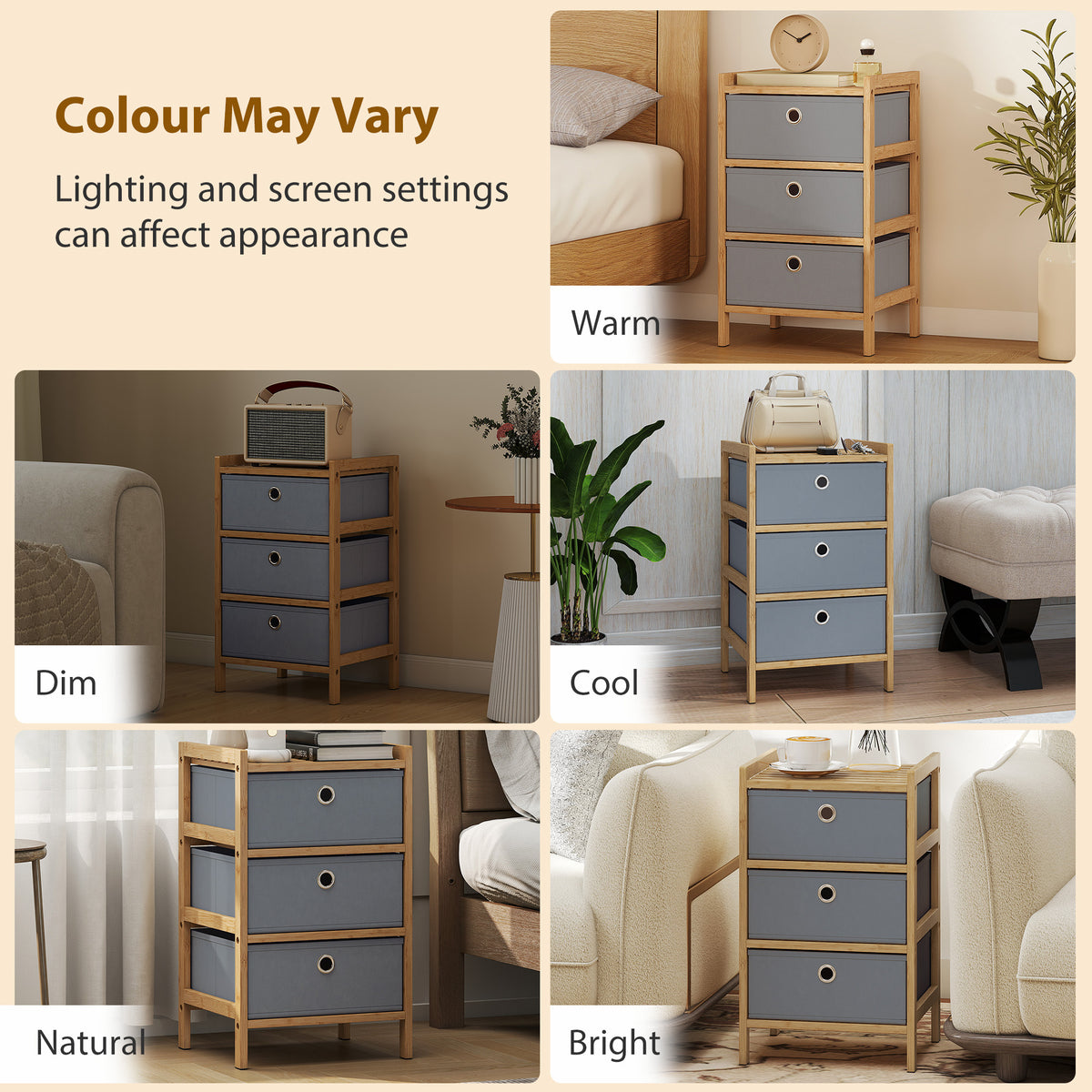 Chest of Drawers, 3 Fabric Drawers Narrow Dresser with Bamboo Frame, Light Grey