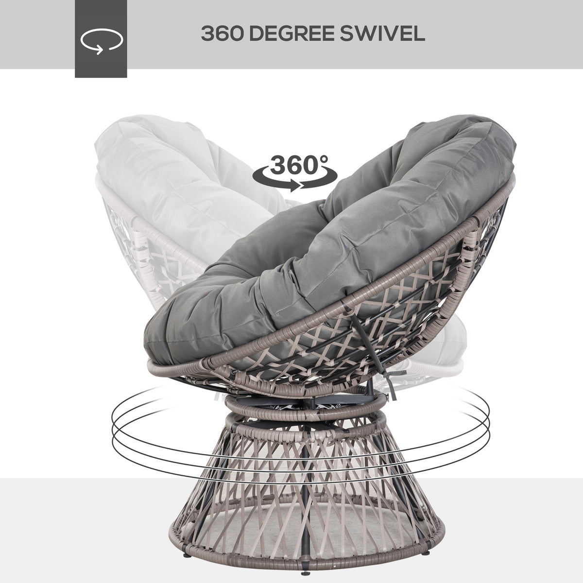 360° Swivel Rattan Papasan Moon Bowl Chair Round Lounge Garden Wicker Basket Seat with Padded Cushion Oversized for Outdoor Indoor, Grey