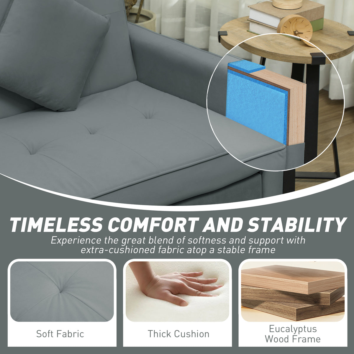 Three-Person Velvet-Feel Sofa Bed - Grey