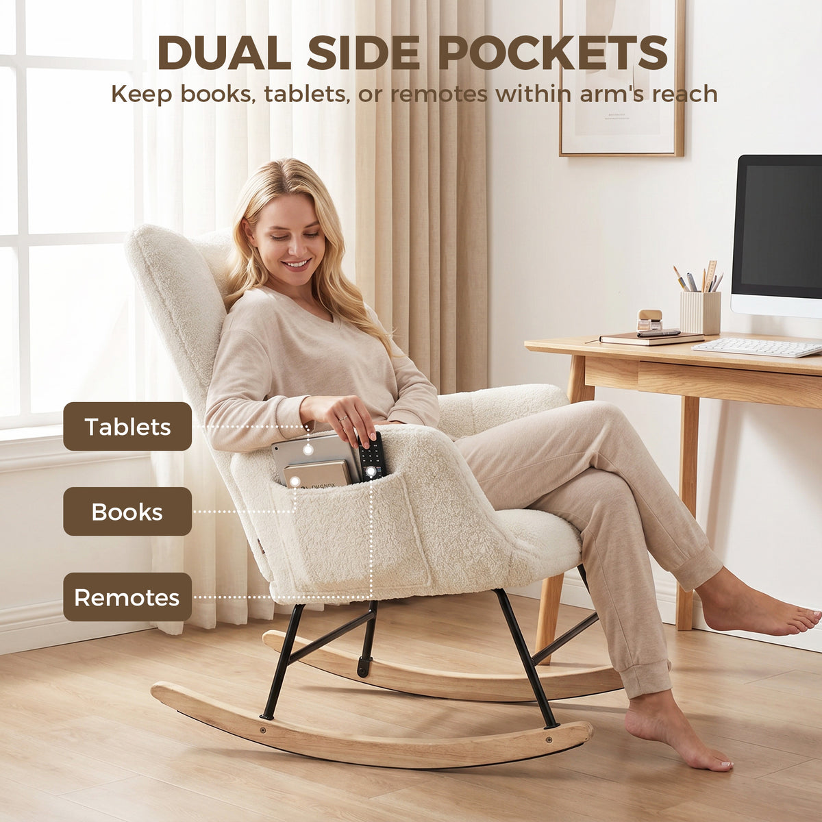 Rocking Chair, Teddy Fleece Rocker Chair with Tufted Wingback, Side Pockets, Rubber Wood Legs