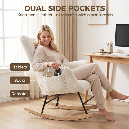 Rocking Chair, Teddy Fleece Rocker Chair with Tufted Wingback, Side Pockets, Rubber Wood Legs