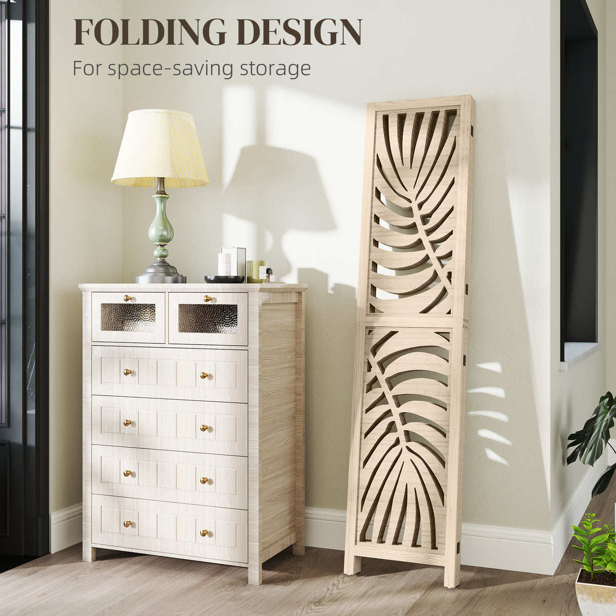 4 Panel Privacy Screens, Detachable Folding Room Divider with Palm Leaf Design for Home Office, Natural Wood Finish