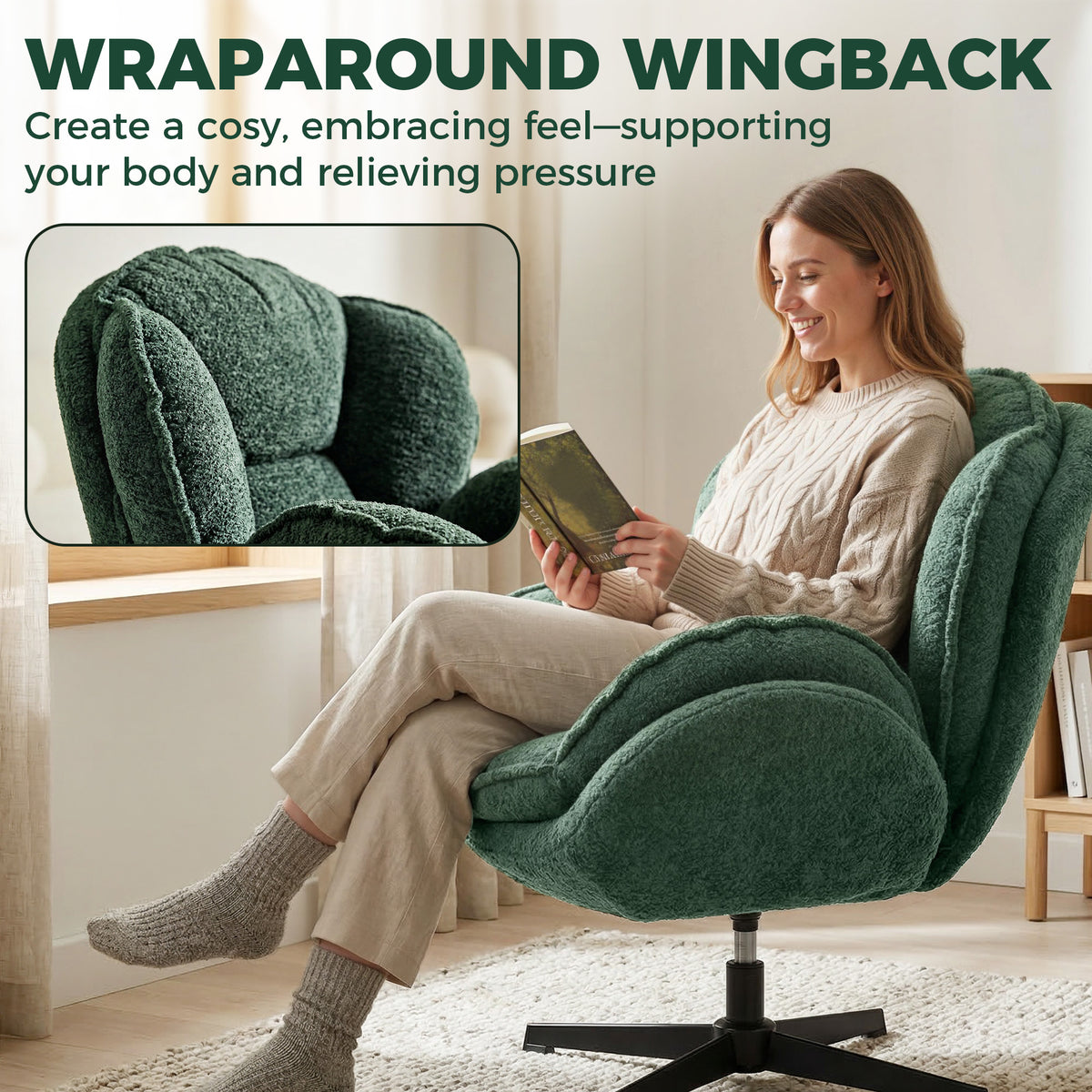 Modern Wingback Accent Chair, Velvet Armchair with Four-Star Base, S-Springs, Swivel